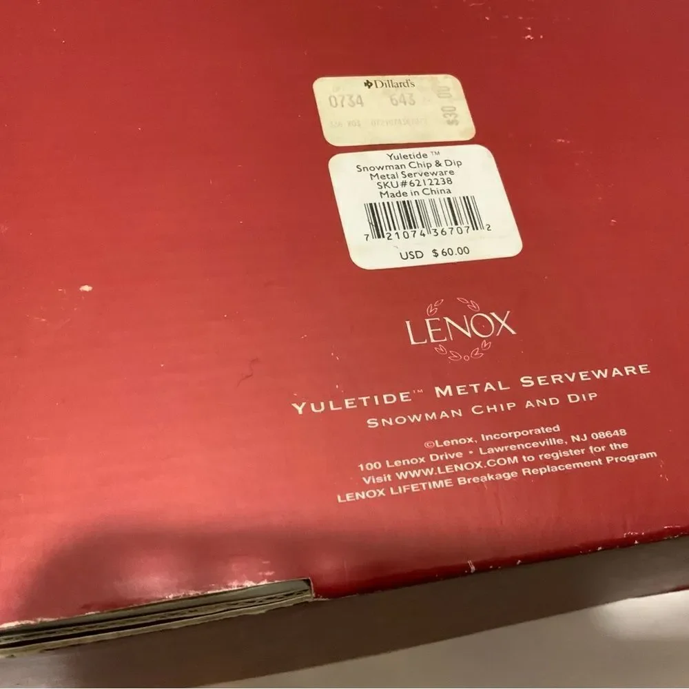 Lenox Yuletide Metal Serveware Snowman Chip and Dip Dish Tray NIB retail $60